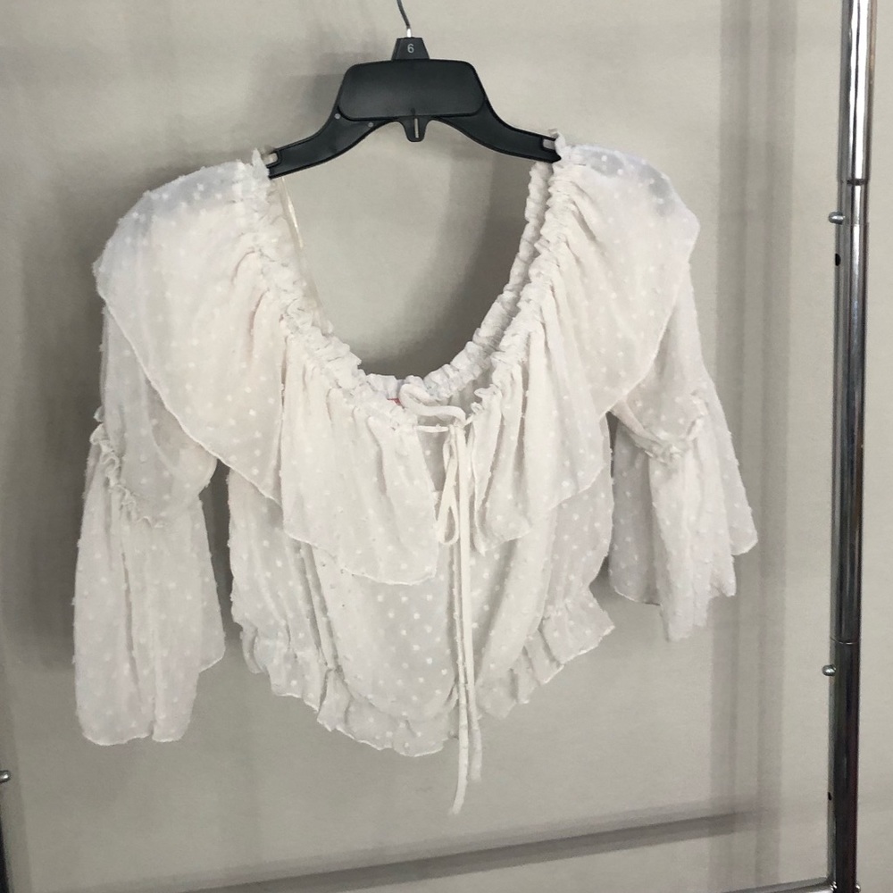 White mesh off the shoulder crop top